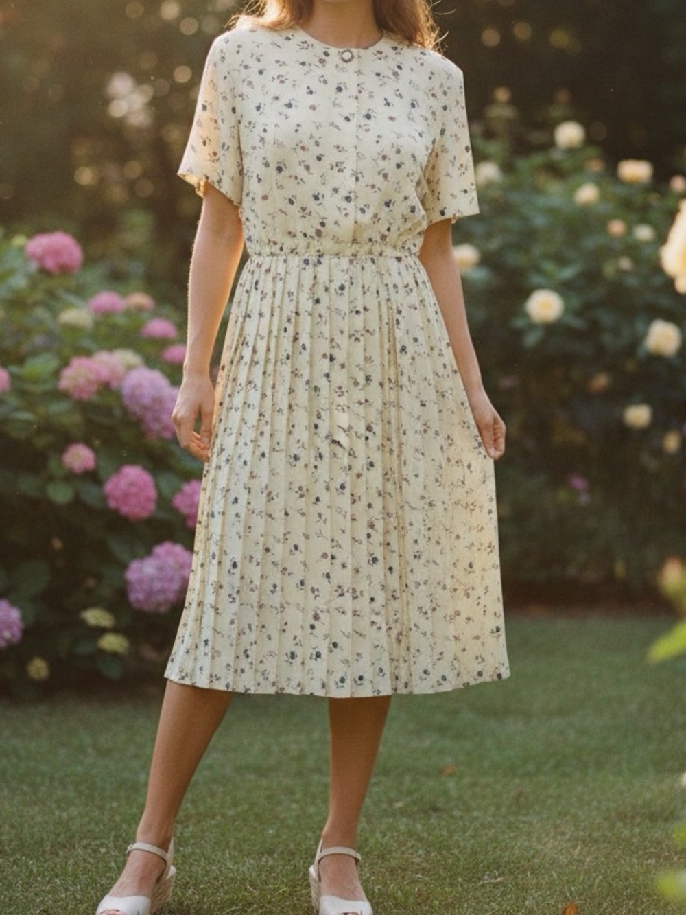 NWT Y2K Leslie Fay Butter Yellow Ditzy Floral Heritage Midi Dress 10 Petite
